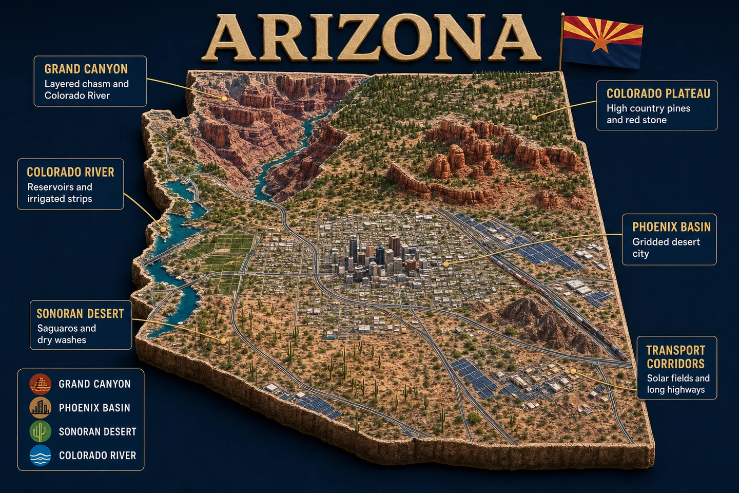 Arizona identity diorama showing regional landscape, cities, housing, and infrastructure