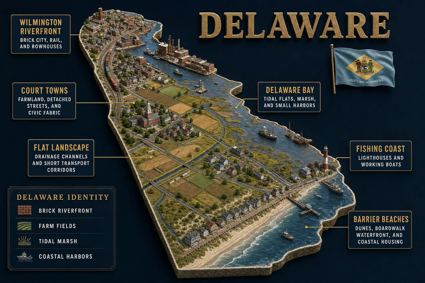 Delaware identity diorama showing regional landscape, cities, housing, and infrastructure
