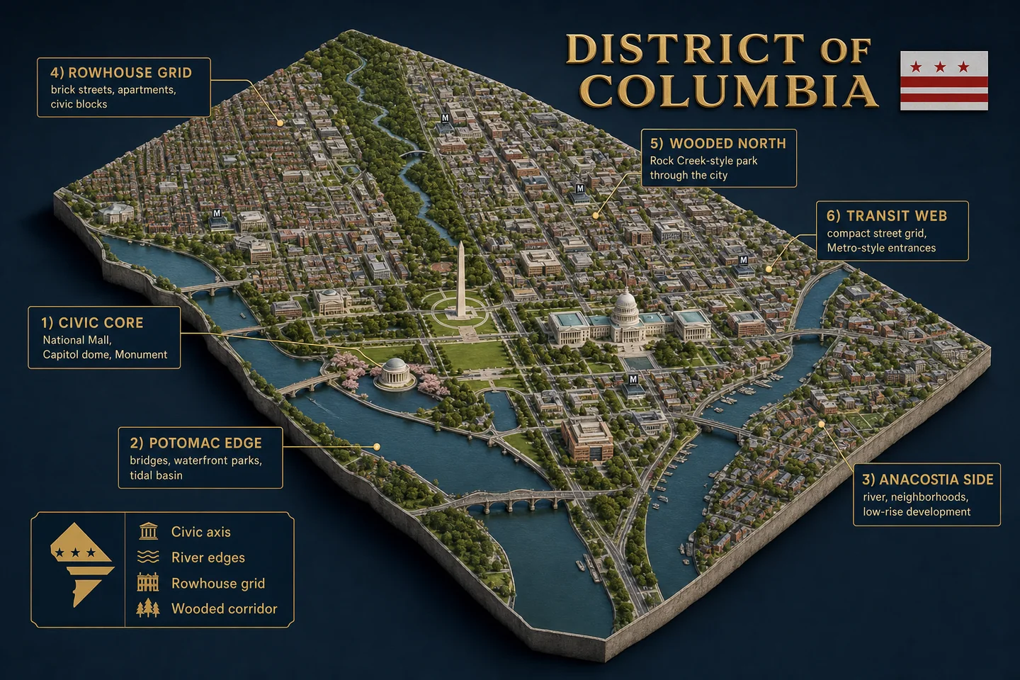 District of Columbia identity diorama showing regional landscape, cities, housing, and infrastructure