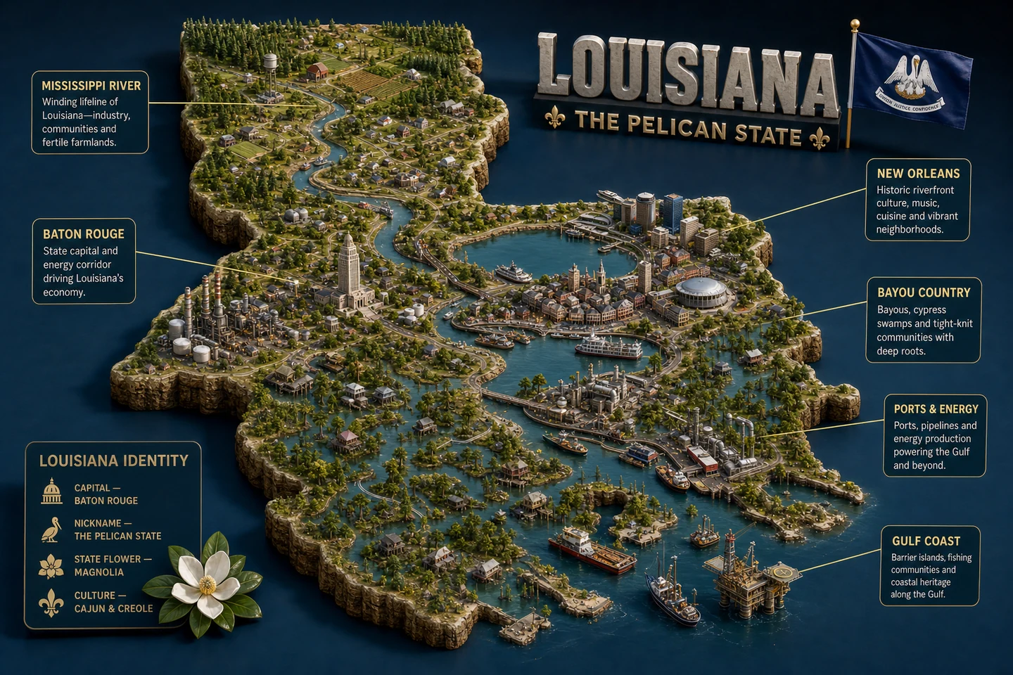 Louisiana identity diorama showing regional landscape, cities, housing, and infrastructure
