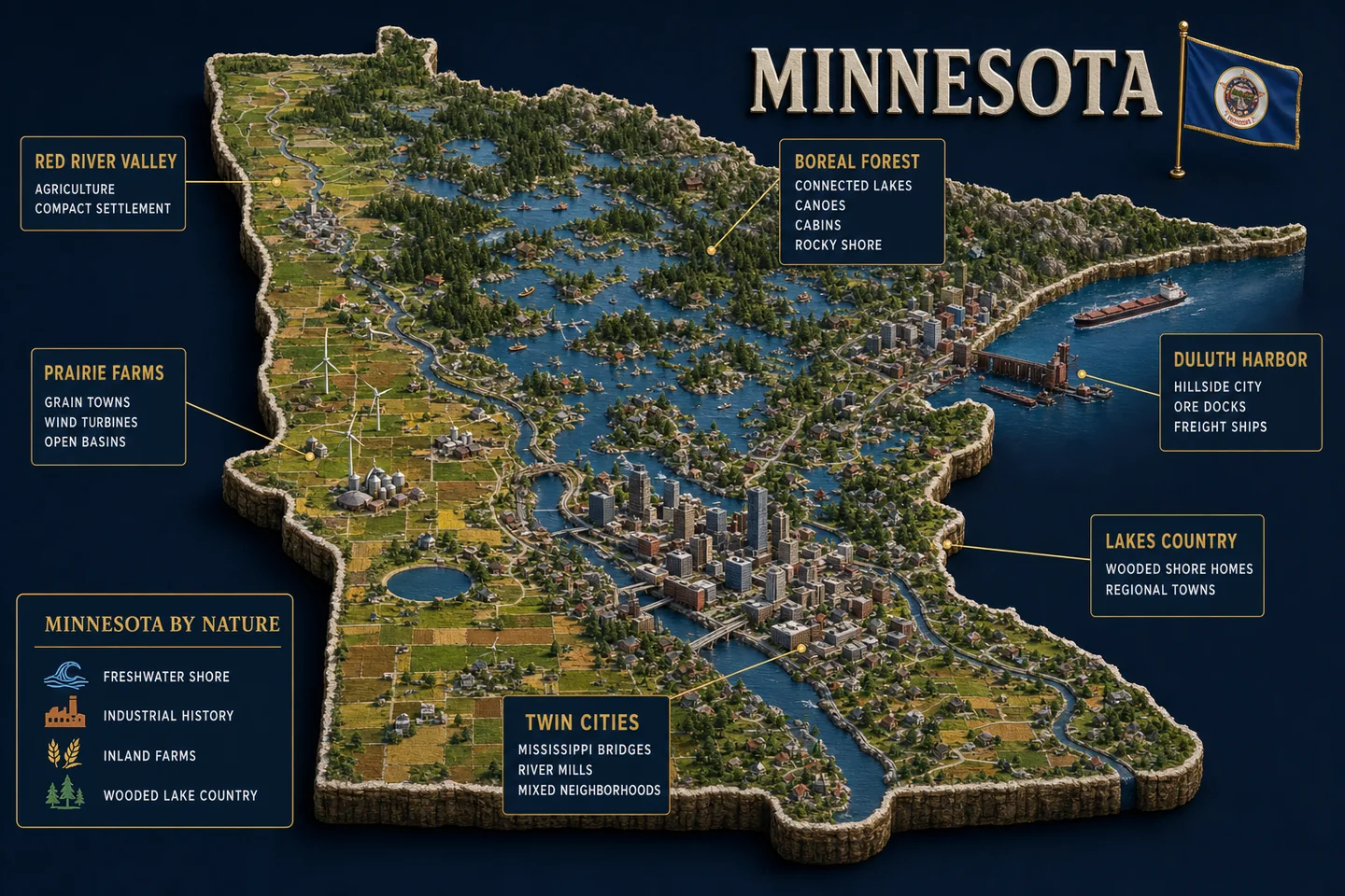 Minnesota identity diorama showing regional landscape, cities, housing, and infrastructure