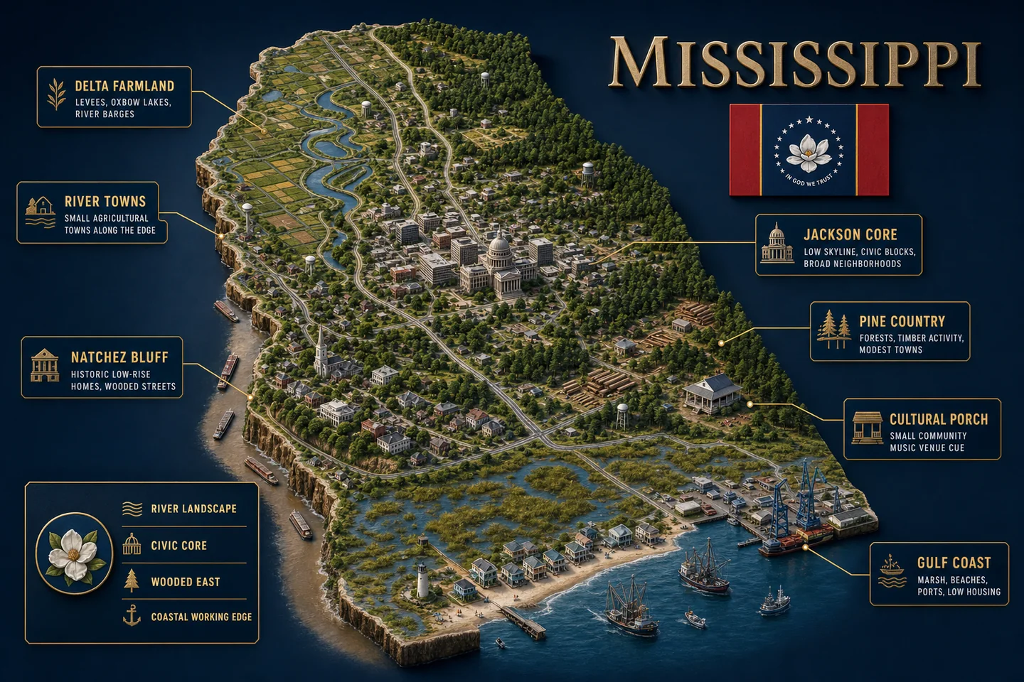 Mississippi identity diorama showing regional landscape, cities, housing, and infrastructure