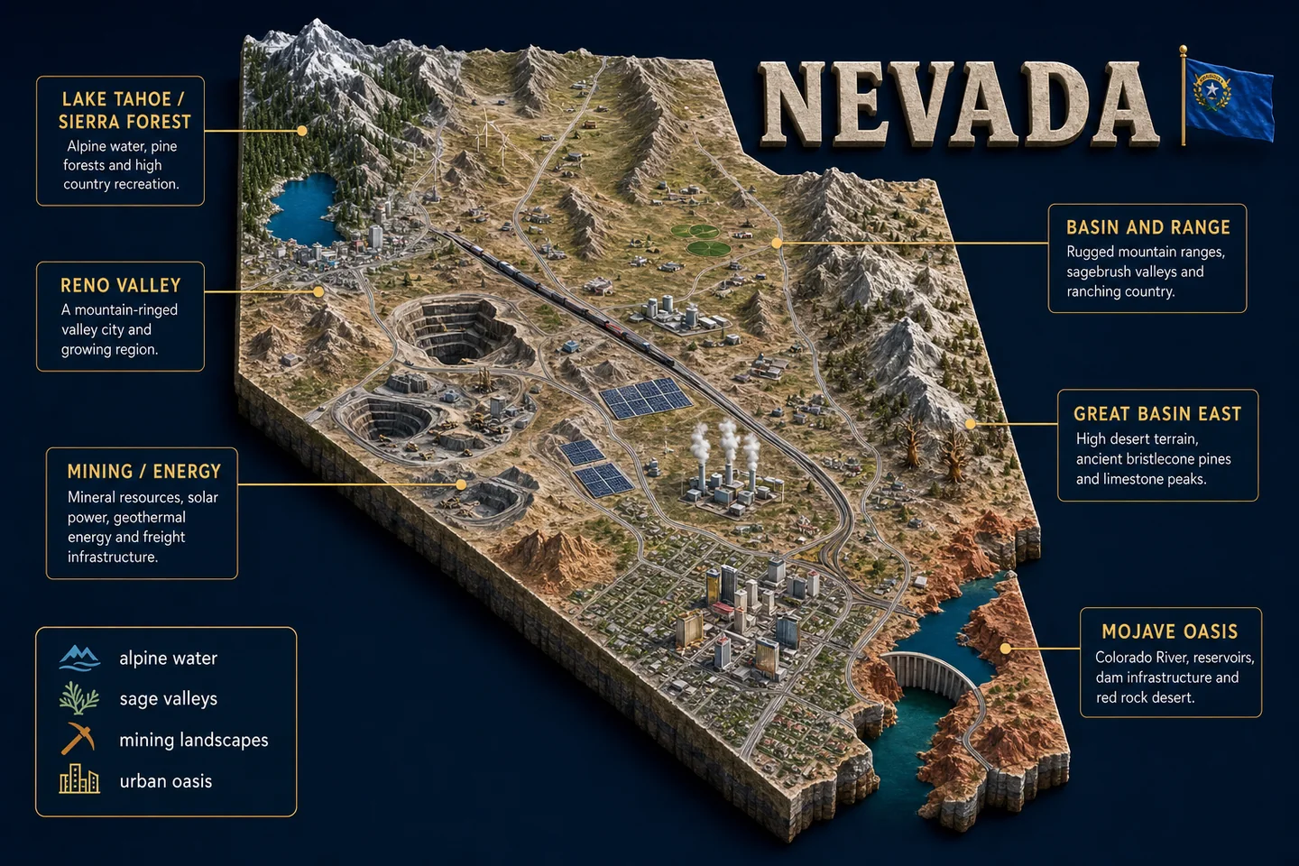 Nevada identity diorama showing regional landscape, cities, housing, and infrastructure