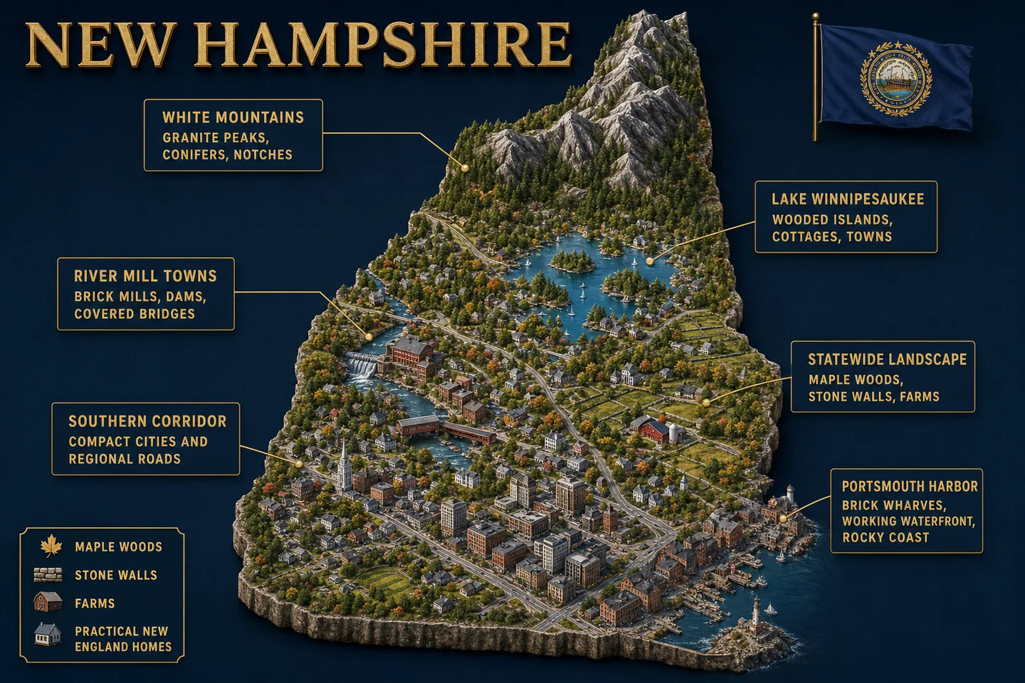 New Hampshire identity diorama showing regional landscape, cities, housing, and infrastructure