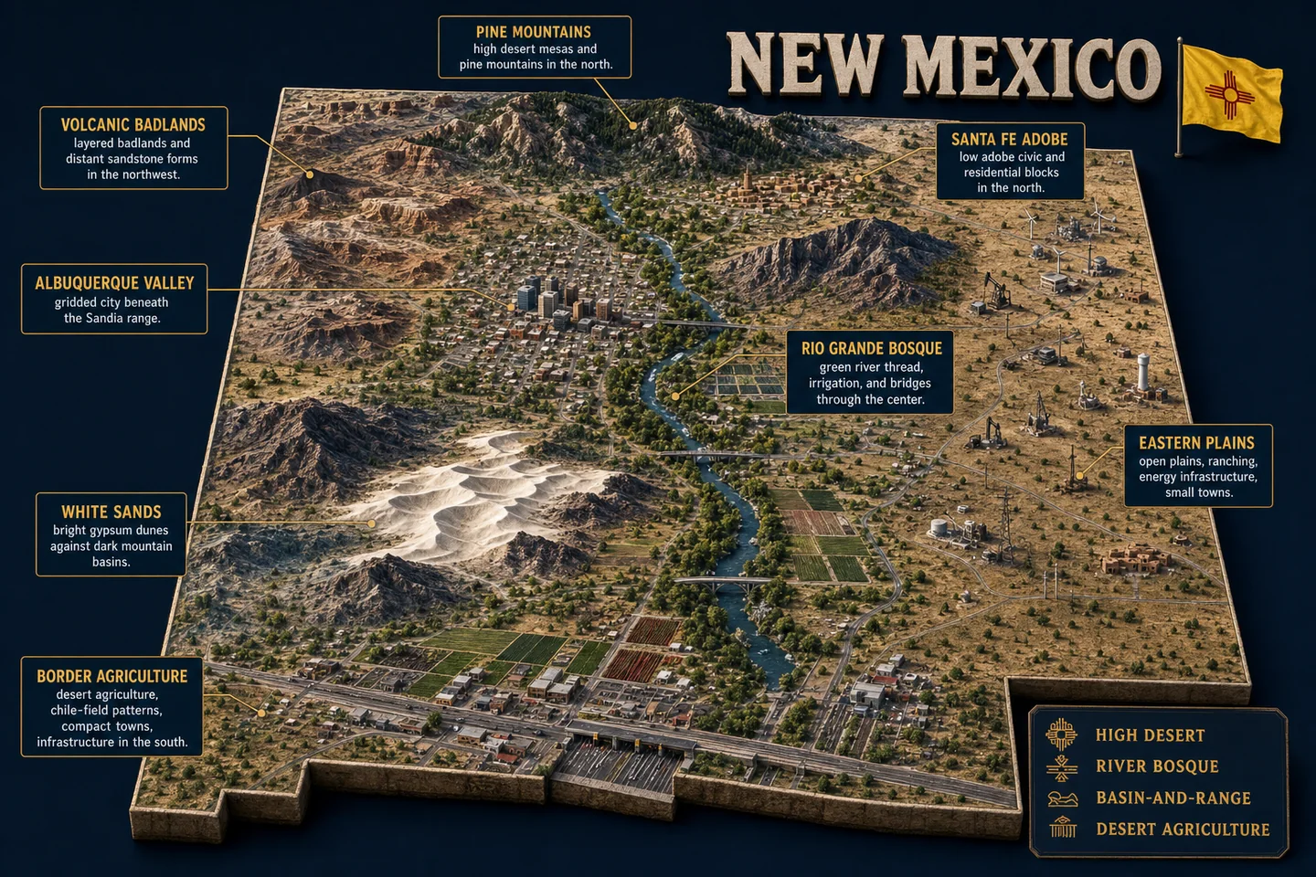 New Mexico identity diorama showing regional landscape, cities, housing, and infrastructure