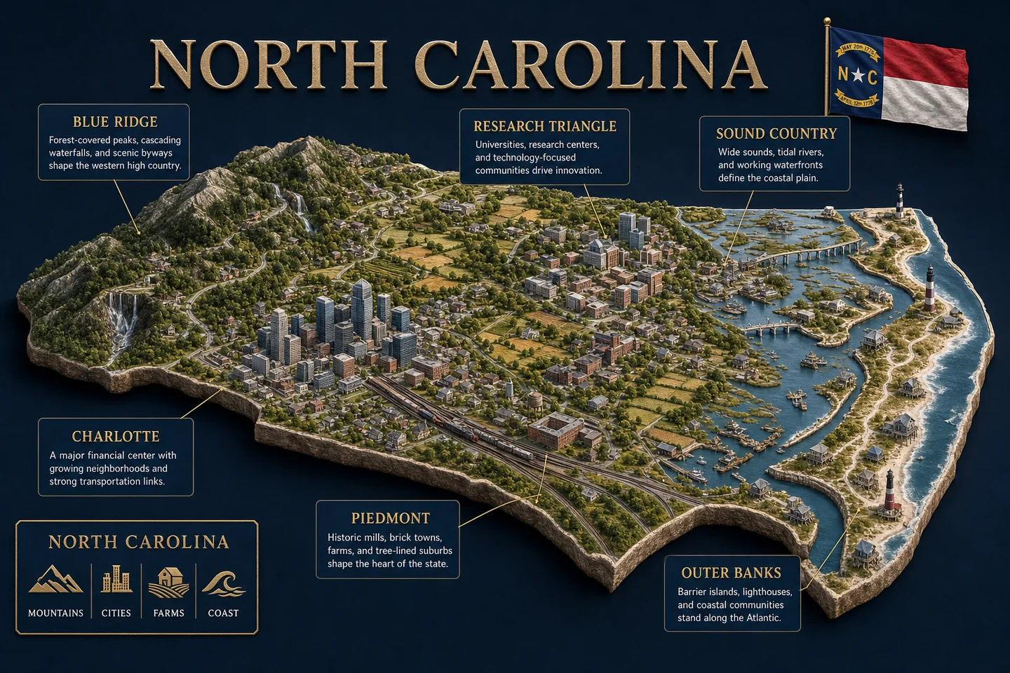 North Carolina identity diorama showing regional landscape, cities, housing, and infrastructure