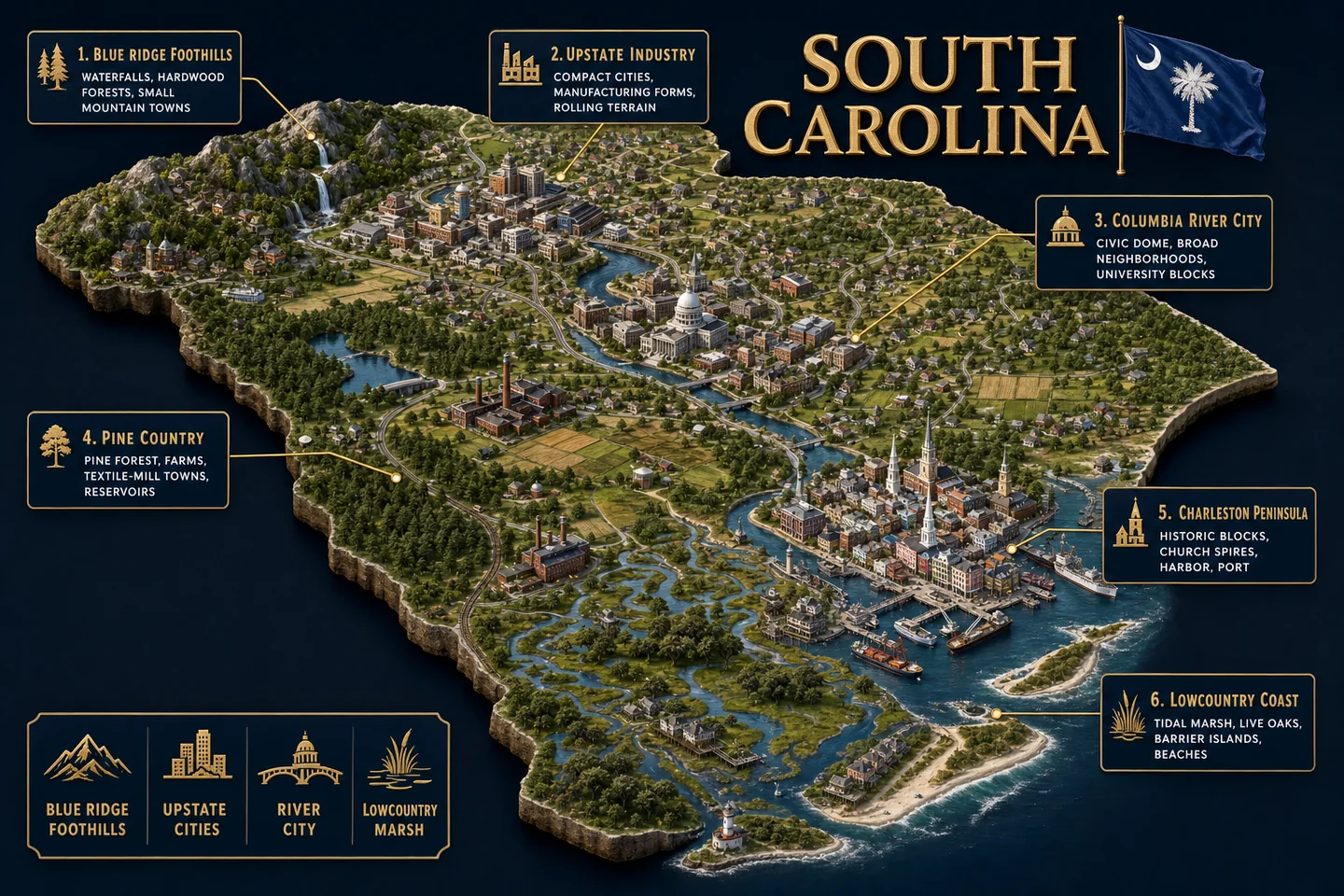 South Carolina identity diorama showing regional landscape, cities, housing, and infrastructure