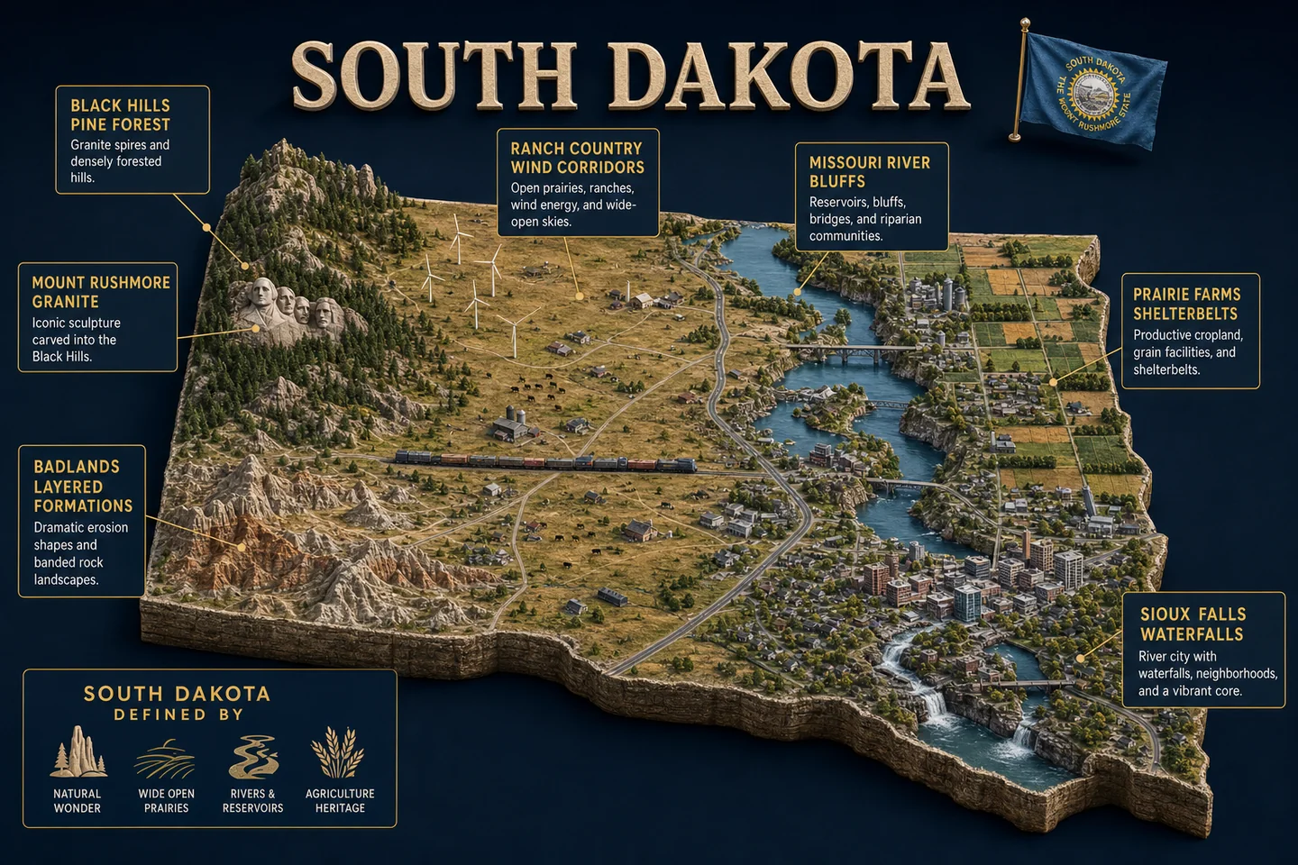 South Dakota identity diorama showing regional landscape, cities, housing, and infrastructure