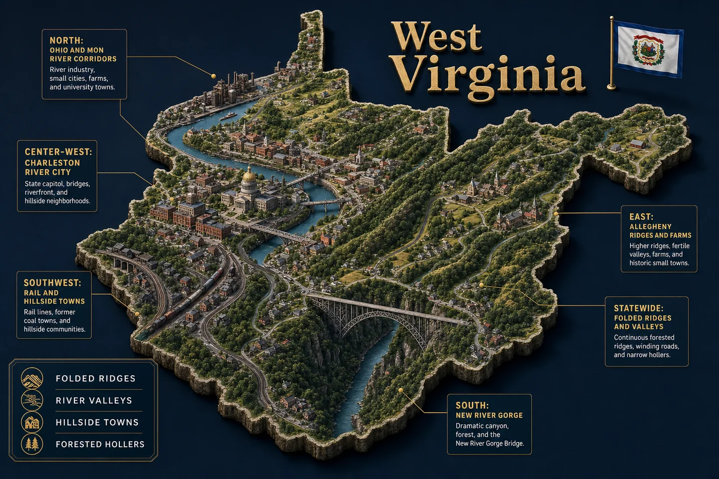 West Virginia identity diorama showing regional landscape, cities, housing, and infrastructure