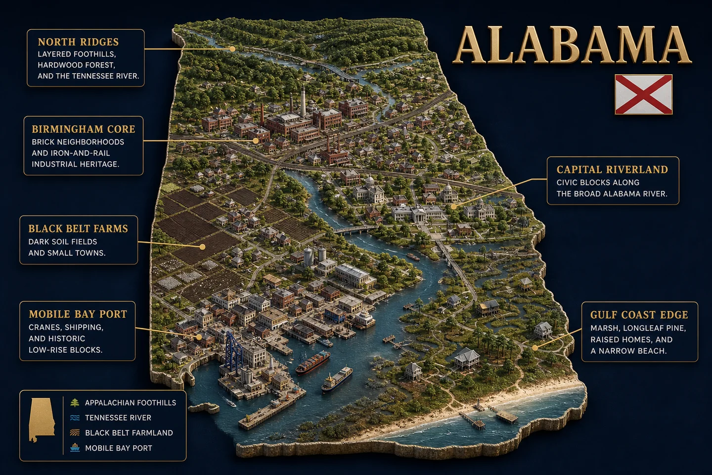 Alabama identity diorama showing regional landscape, cities, housing, and infrastructure