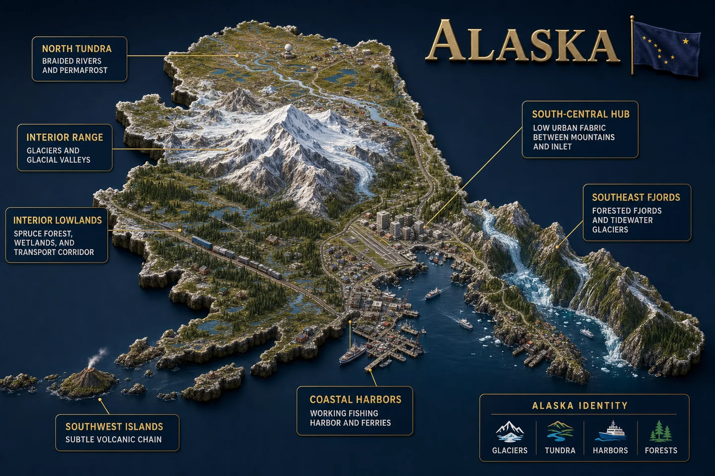 Alaska identity diorama showing regional landscape, cities, housing, and infrastructure