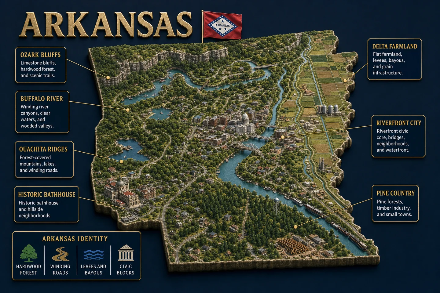 Arkansas identity diorama showing regional landscape, cities, housing, and infrastructure