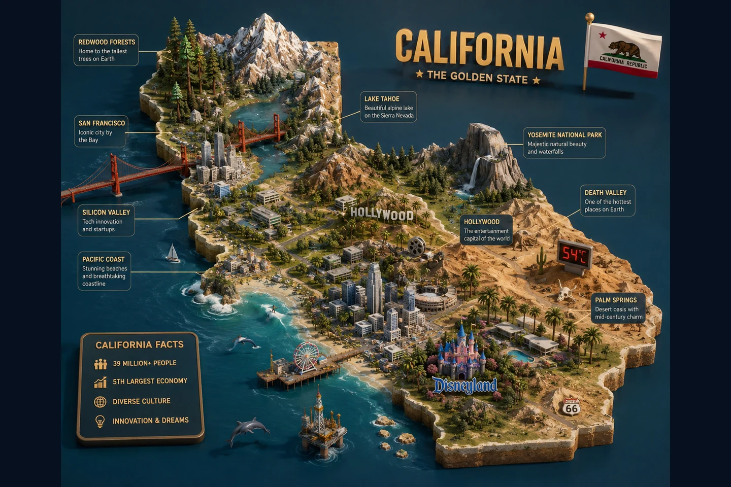 California identity diorama showing regional landscape, cities, housing, and infrastructure