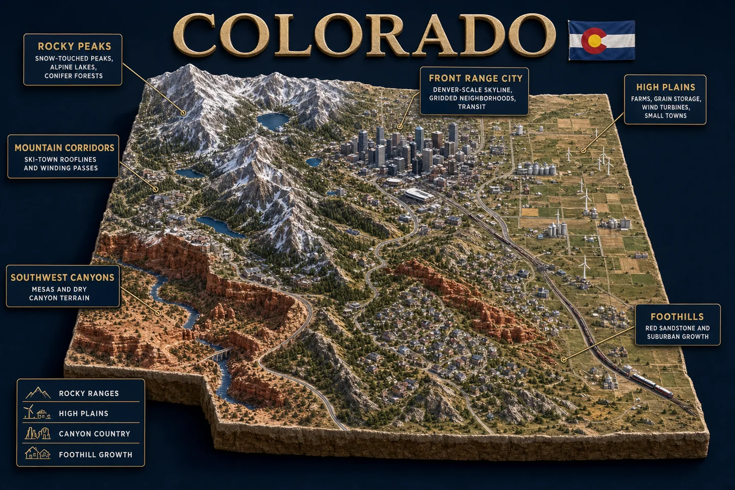 Colorado identity diorama showing regional landscape, cities, housing, and infrastructure