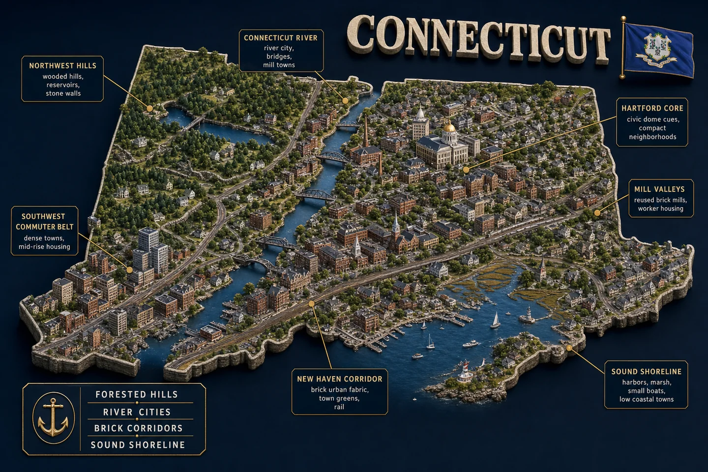 Connecticut identity diorama showing regional landscape, cities, housing, and infrastructure