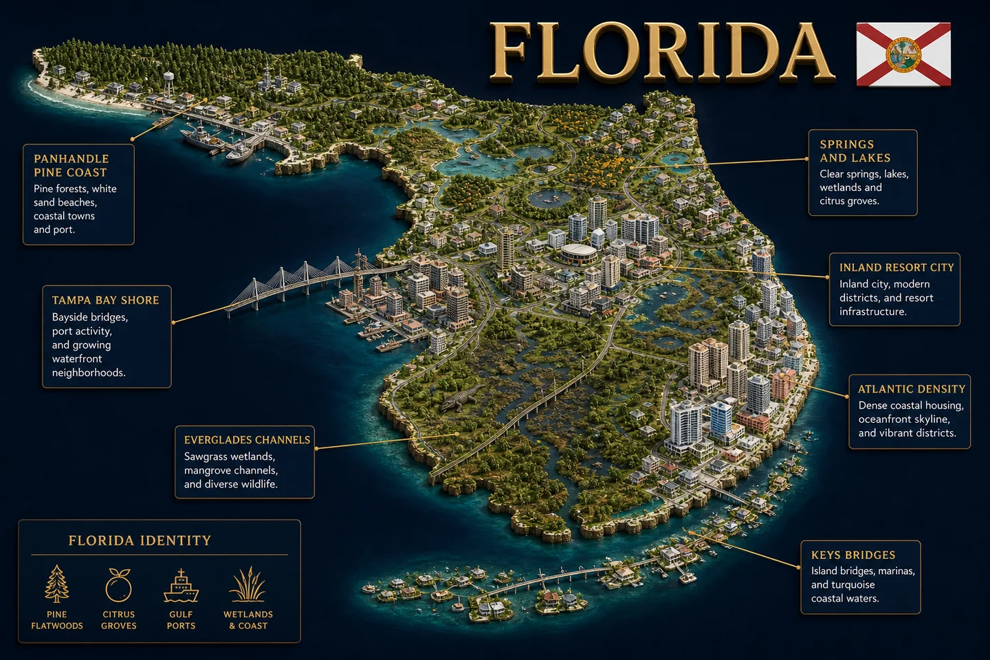 Florida identity diorama showing regional landscape, cities, housing, and infrastructure