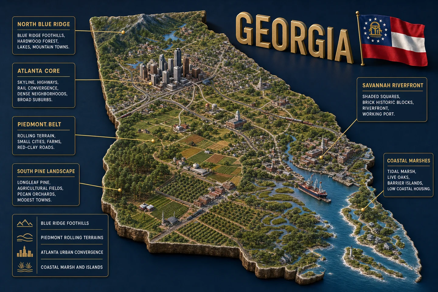 Georgia identity diorama showing regional landscape, cities, housing, and infrastructure