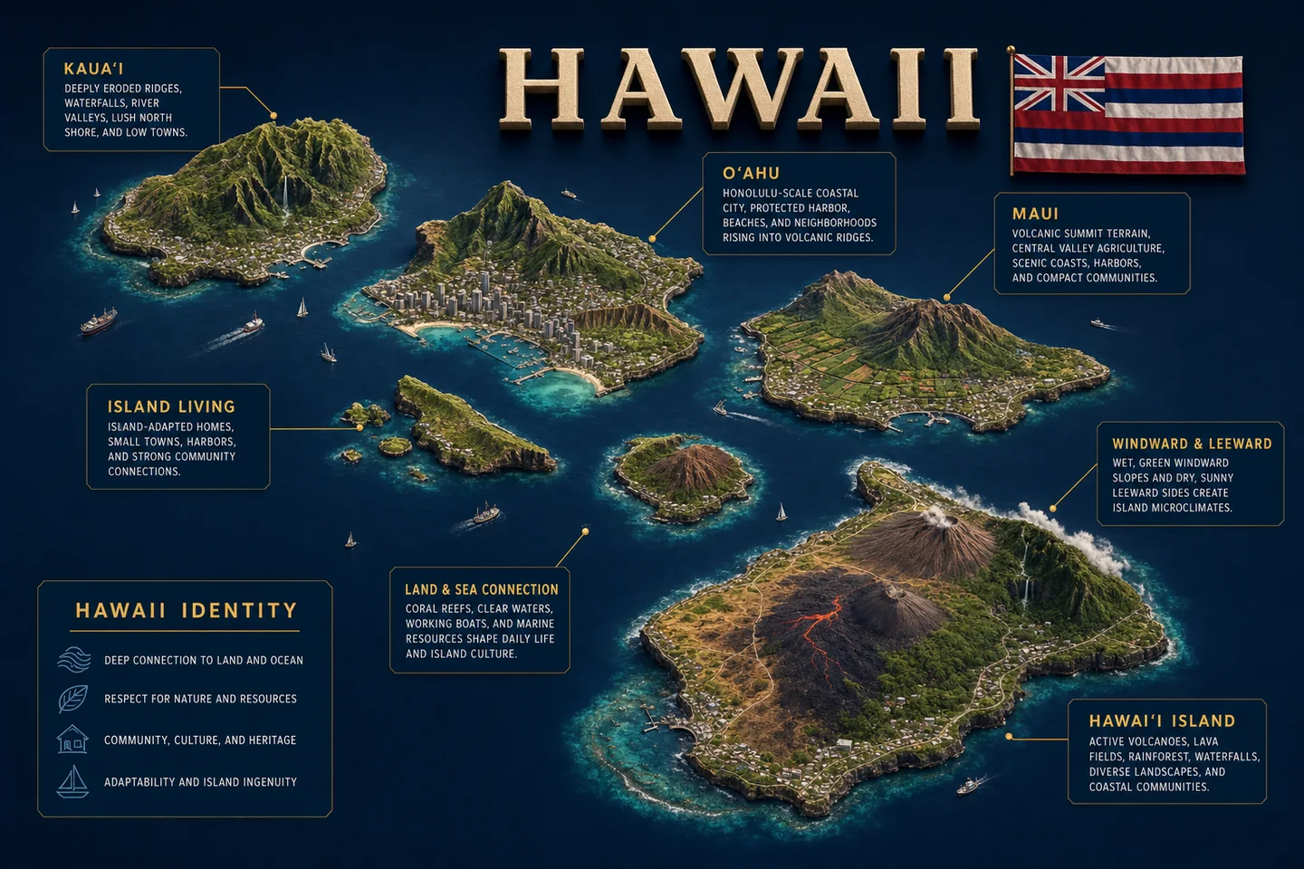 Hawaii identity diorama showing regional landscape, cities, housing, and infrastructure