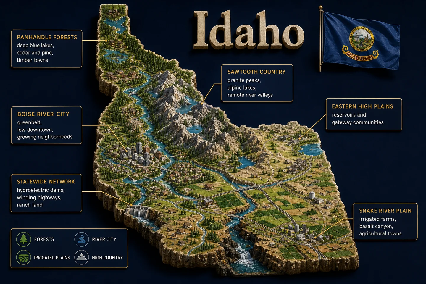 Idaho identity diorama showing regional landscape, cities, housing, and infrastructure