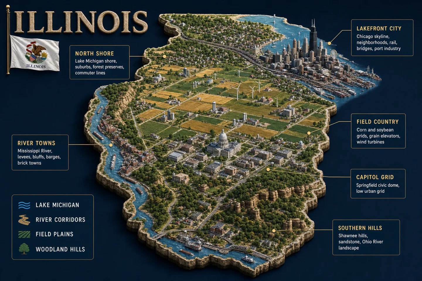 Illinois identity diorama showing regional landscape, cities, housing, and infrastructure