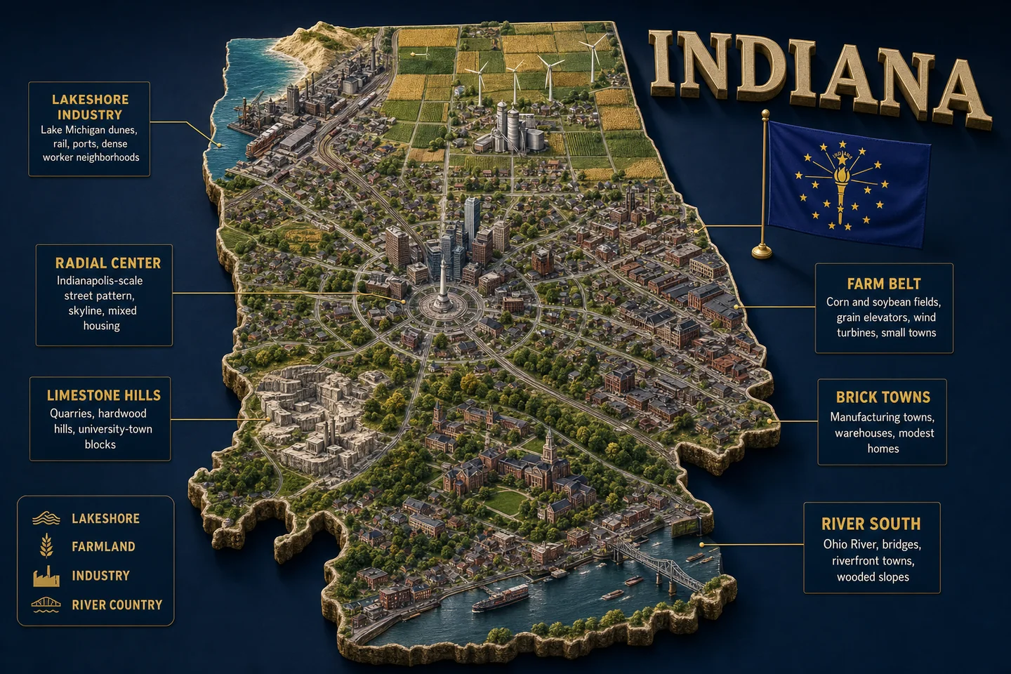 Indiana identity diorama showing regional landscape, cities, housing, and infrastructure