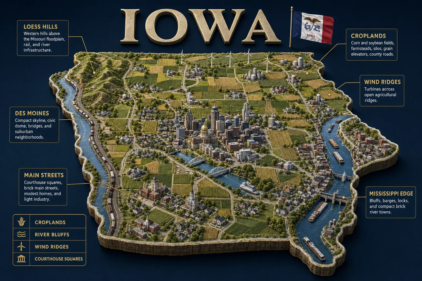 Iowa identity diorama showing regional landscape, cities, housing, and infrastructure