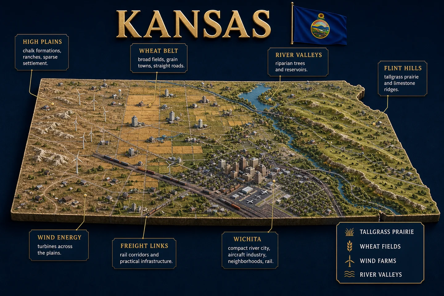 Kansas identity diorama showing regional landscape, cities, housing, and infrastructure