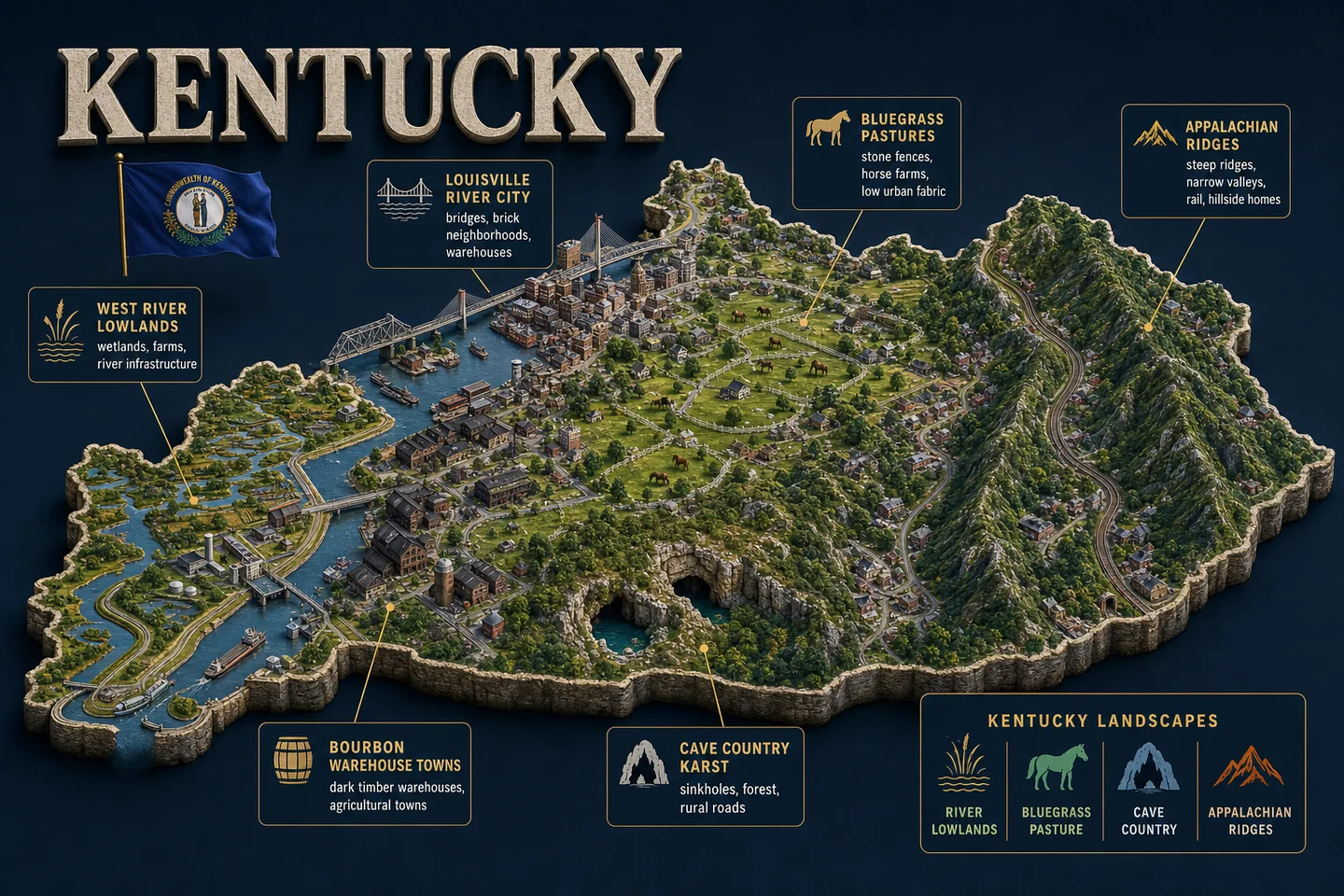 Kentucky identity diorama showing regional landscape, cities, housing, and infrastructure