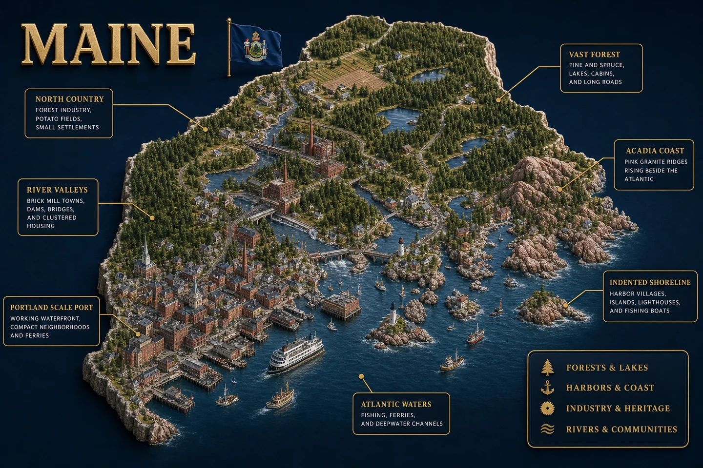 Maine identity diorama showing regional landscape, cities, housing, and infrastructure