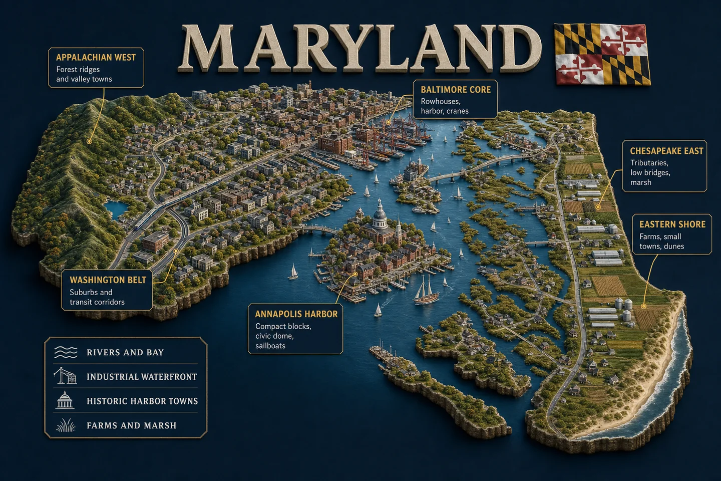Maryland identity diorama showing regional landscape, cities, housing, and infrastructure