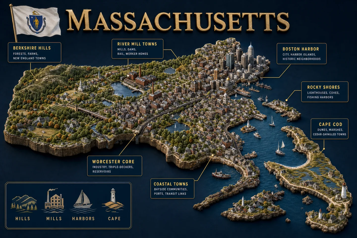 Massachusetts identity diorama showing regional landscape, cities, housing, and infrastructure