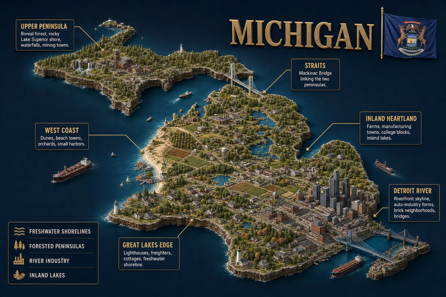 Michigan identity diorama showing regional landscape, cities, housing, and infrastructure