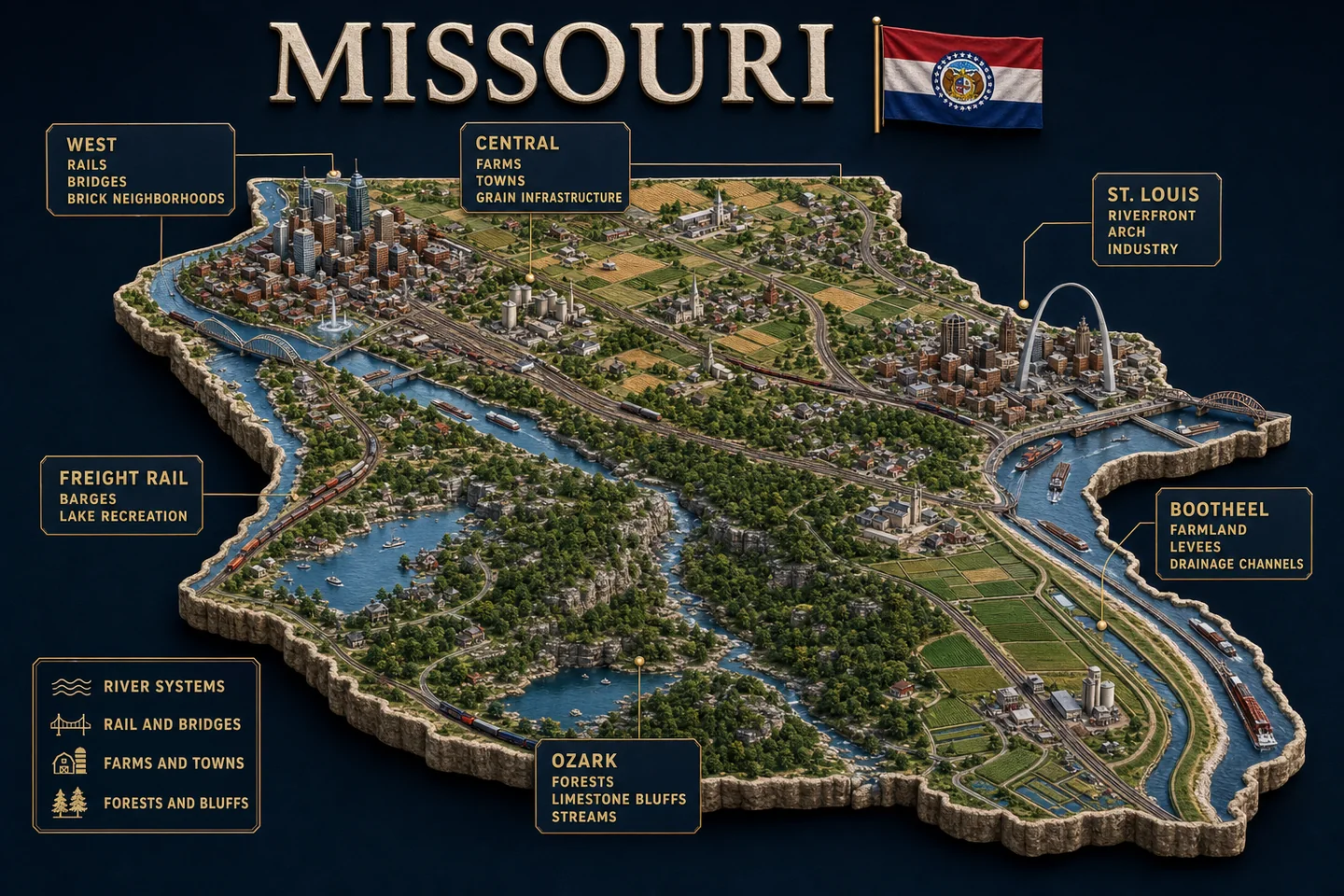 Missouri identity diorama showing regional landscape, cities, housing, and infrastructure