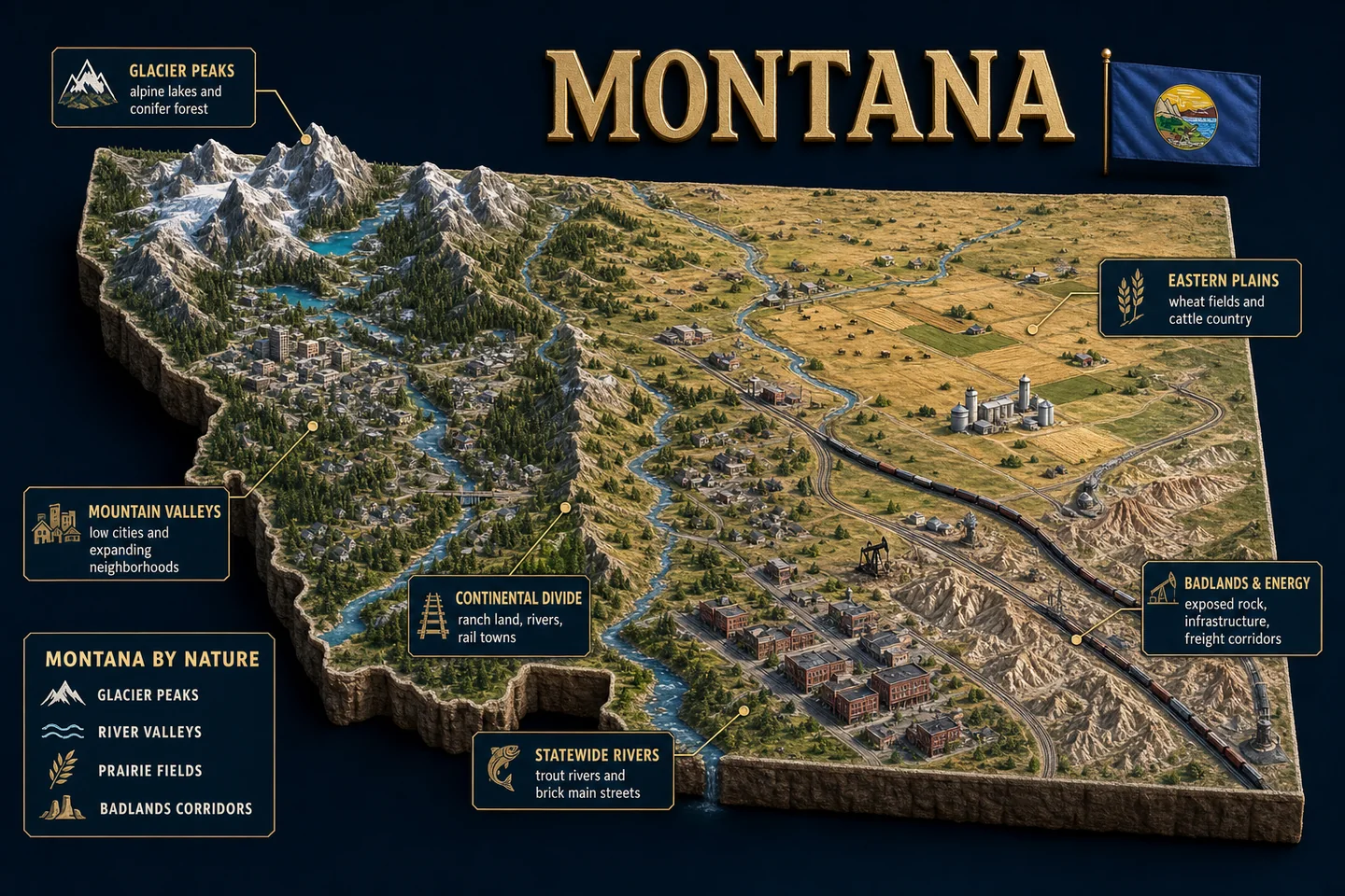 Montana identity diorama showing regional landscape, cities, housing, and infrastructure