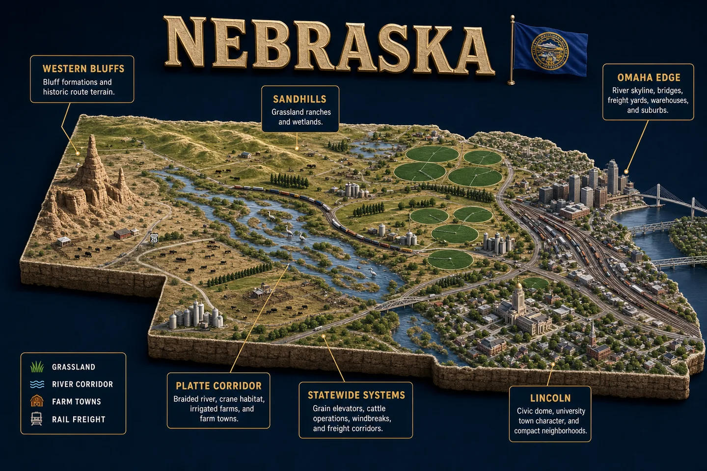 Nebraska identity diorama showing regional landscape, cities, housing, and infrastructure