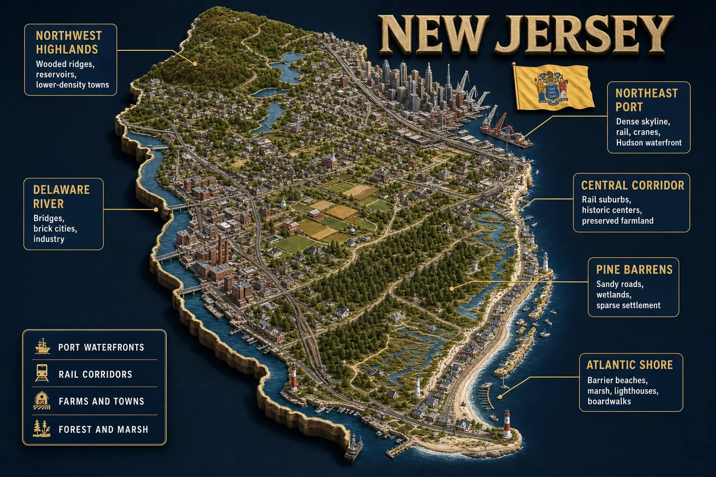 New Jersey identity diorama showing regional landscape, cities, housing, and infrastructure