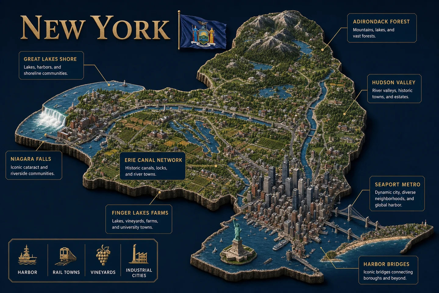 New York identity diorama showing regional landscape, cities, housing, and infrastructure