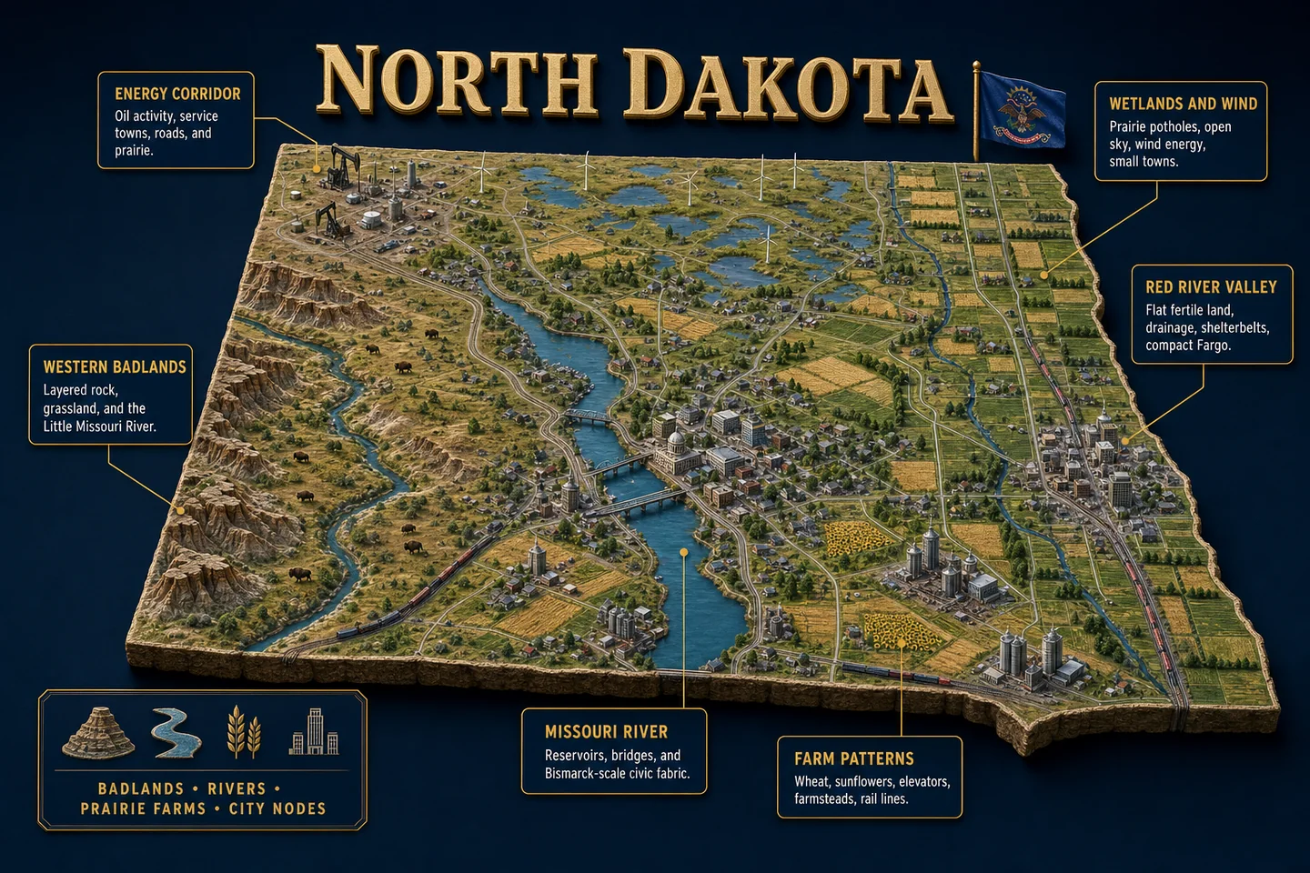 North Dakota identity diorama showing regional landscape, cities, housing, and infrastructure