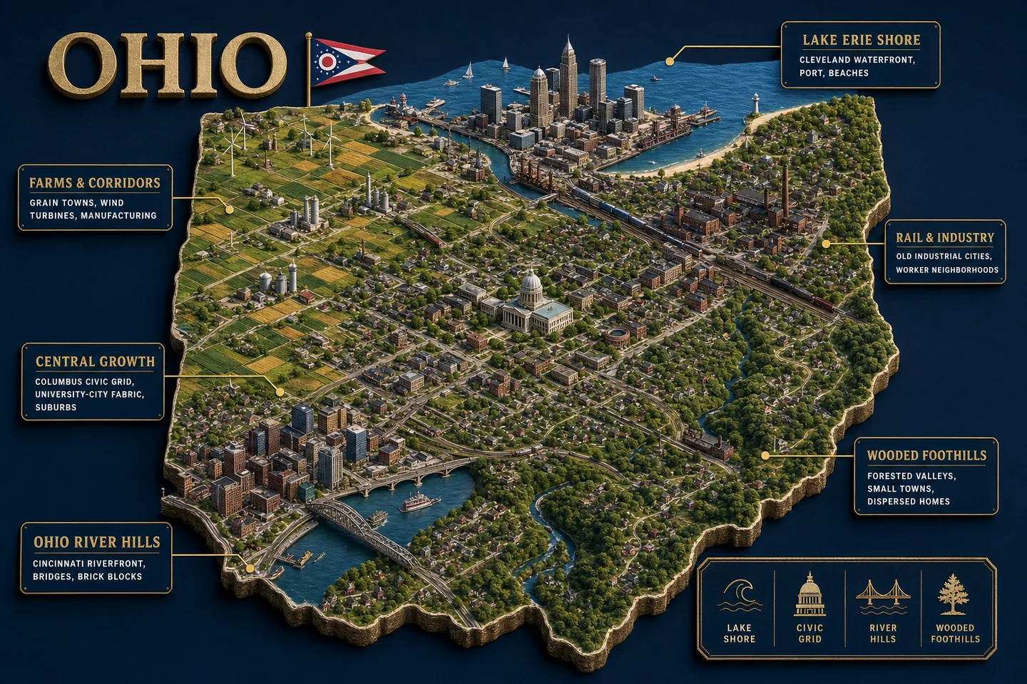 Ohio identity diorama showing regional landscape, cities, housing, and infrastructure