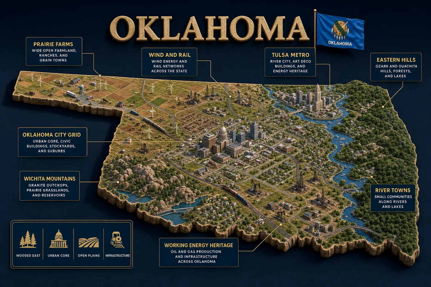 Oklahoma identity diorama showing regional landscape, cities, housing, and infrastructure