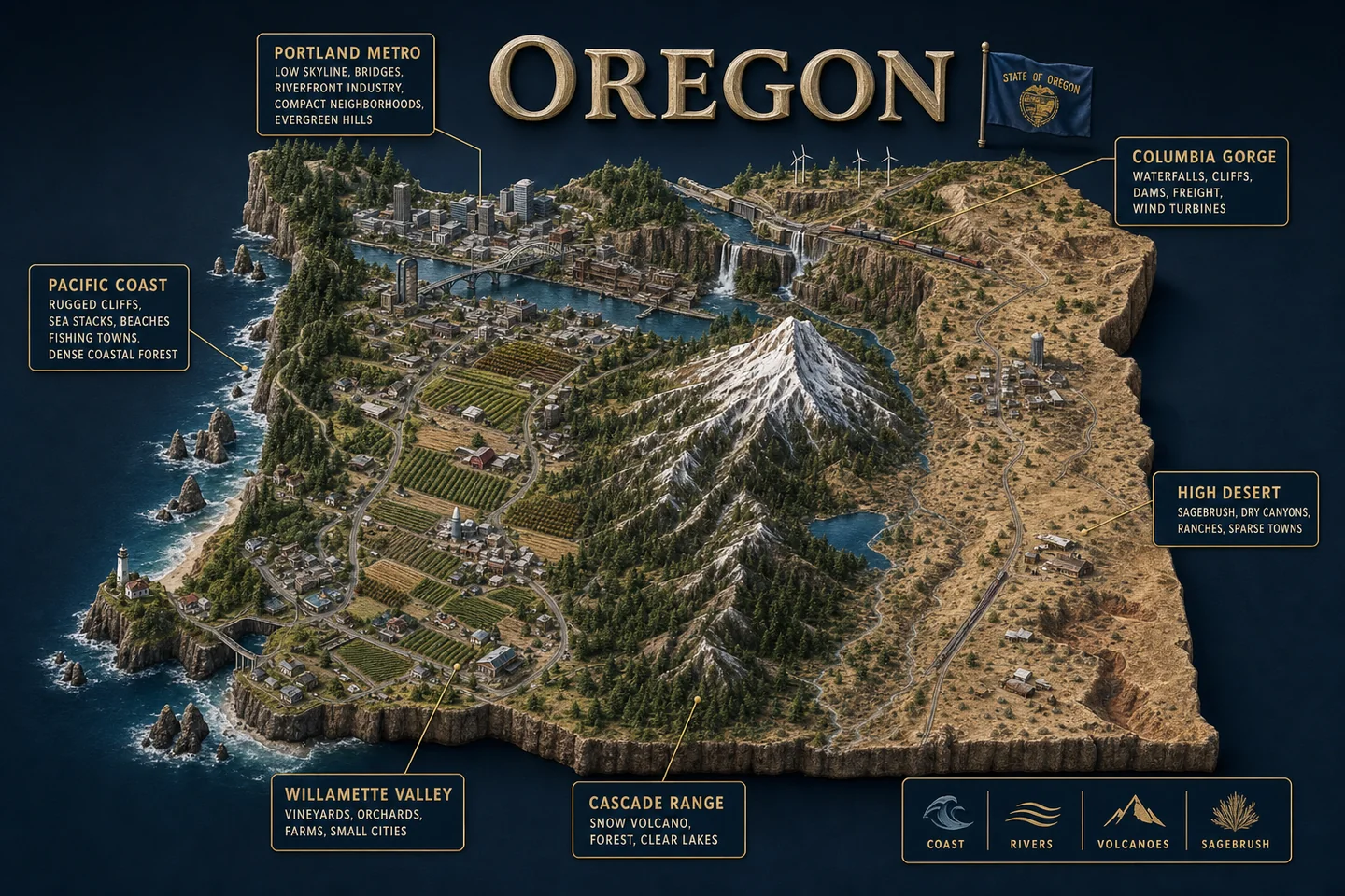 Oregon identity diorama showing regional landscape, cities, housing, and infrastructure