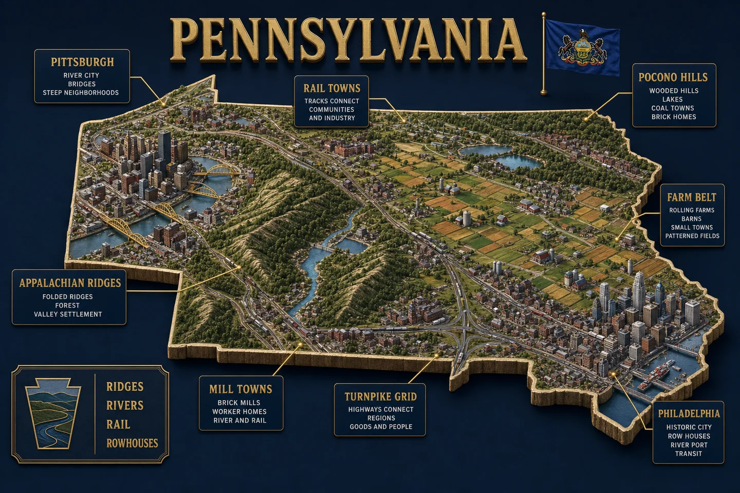 Pennsylvania identity diorama showing regional landscape, cities, housing, and infrastructure