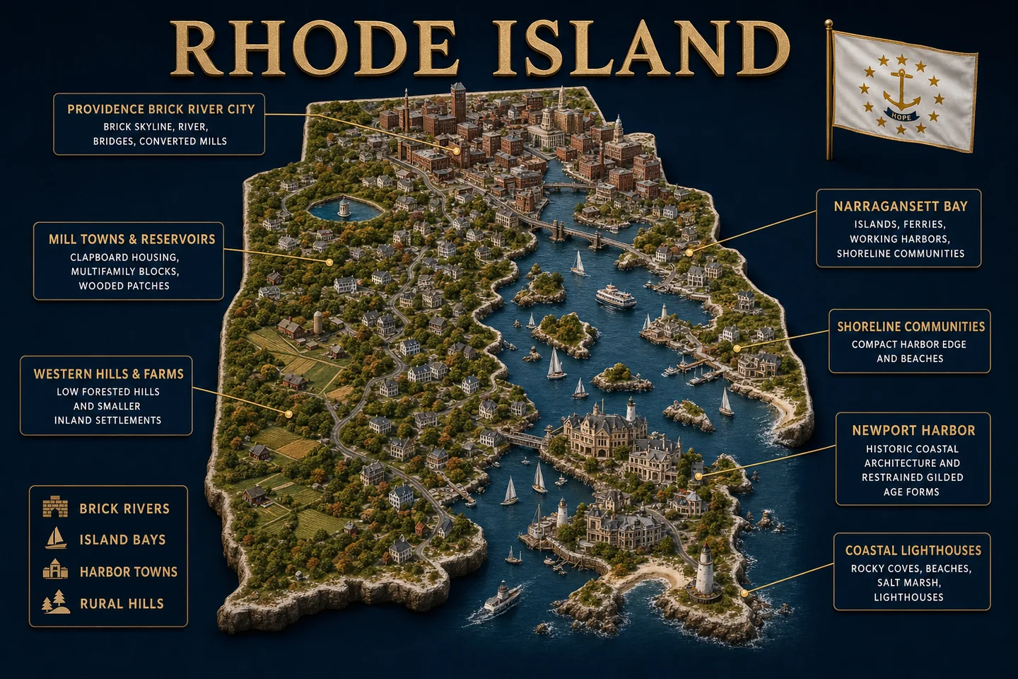 Rhode Island identity diorama showing regional landscape, cities, housing, and infrastructure