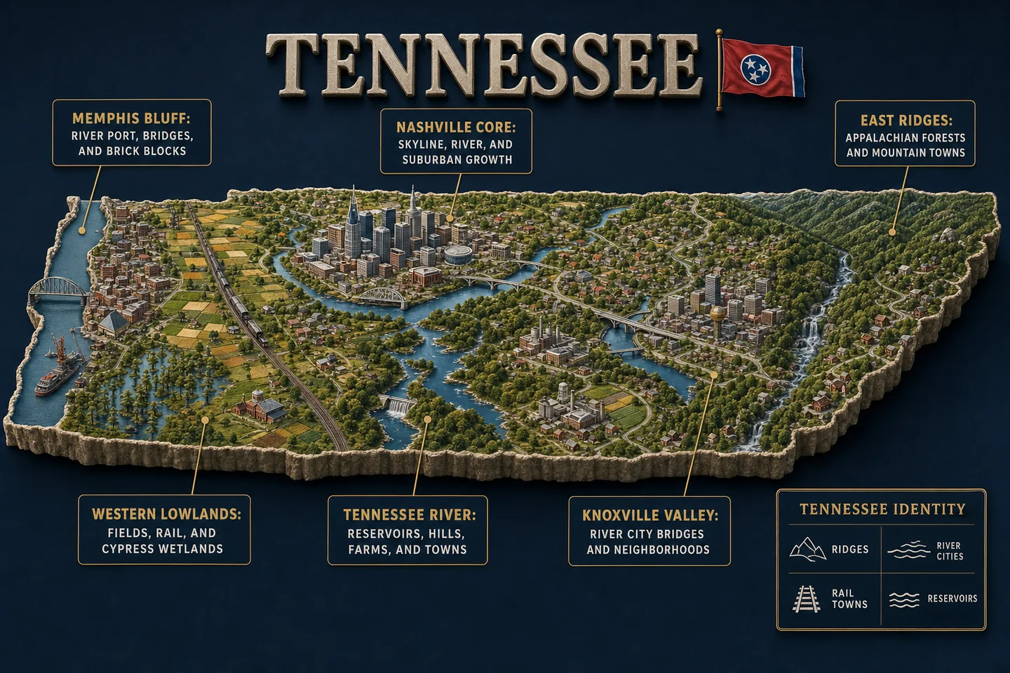 Tennessee identity diorama showing regional landscape, cities, housing, and infrastructure
