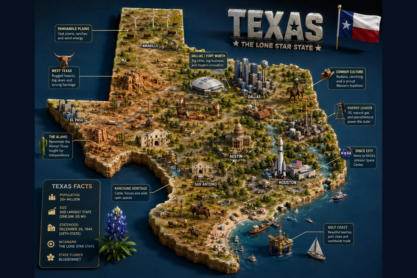 Texas identity diorama showing regional landscape, cities, housing, and infrastructure