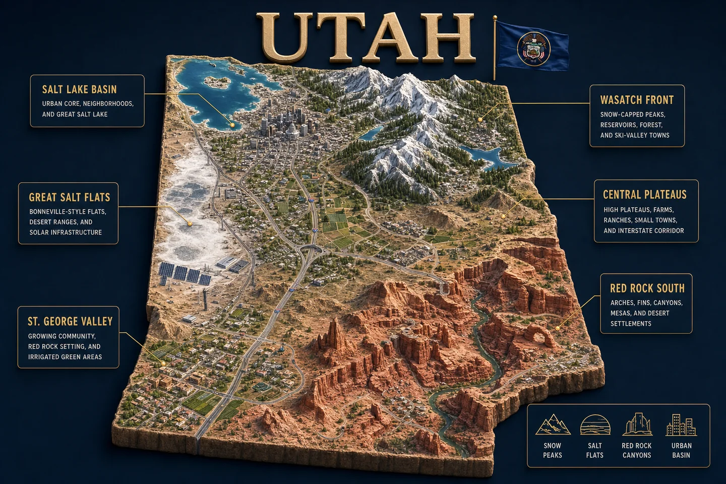 Utah identity diorama showing regional landscape, cities, housing, and infrastructure