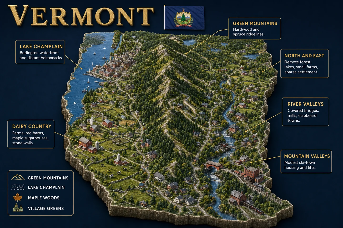 Vermont identity diorama showing regional landscape, cities, housing, and infrastructure