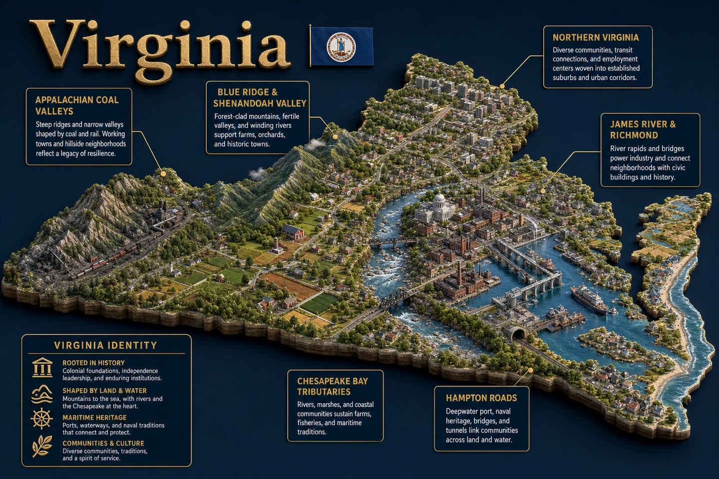 Virginia identity diorama showing regional landscape, cities, housing, and infrastructure