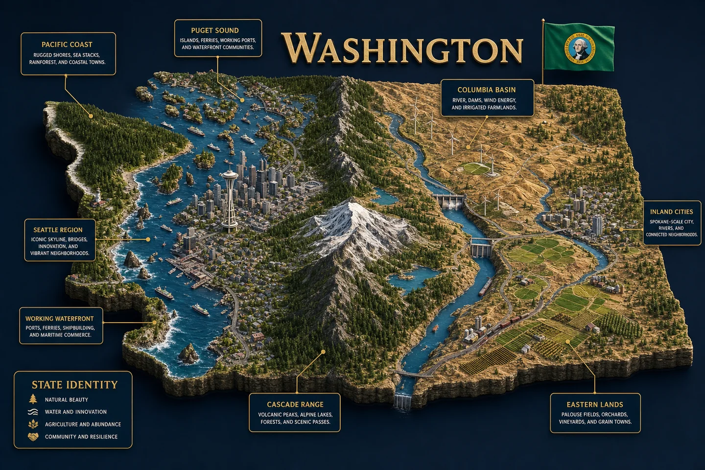 Washington identity diorama showing regional landscape, cities, housing, and infrastructure