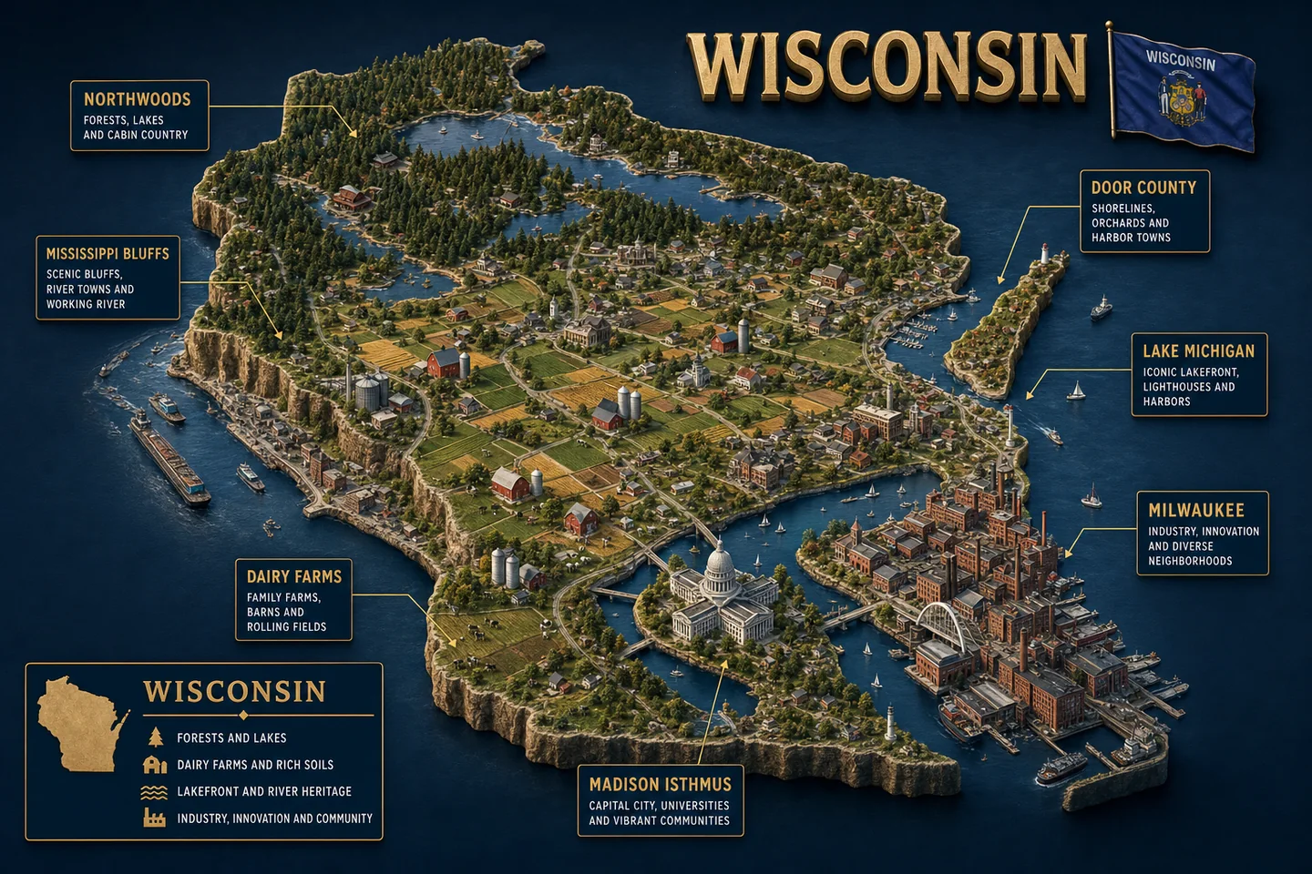 Wisconsin identity diorama showing regional landscape, cities, housing, and infrastructure